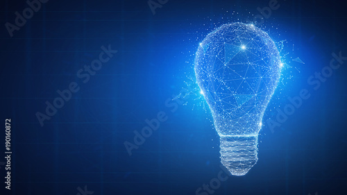 Polygon idea light bulb on blockchain technology network hud background. Global cryptocurrency blockchain business banner concept. Lamp symbolize inspiration, innovation, invention, effective thinking
