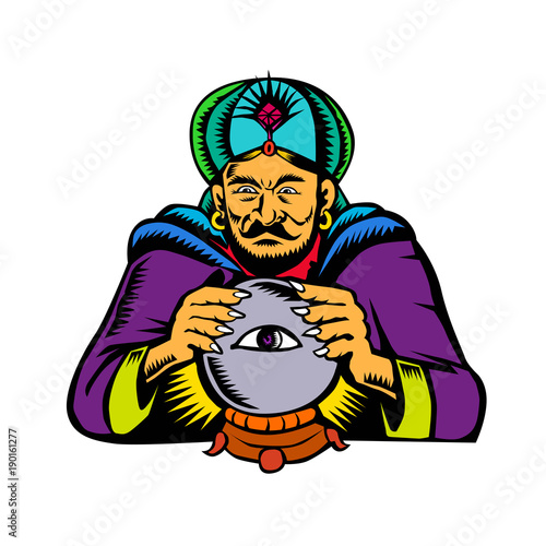 Fortune Teller With Crystal Ball Woodcut