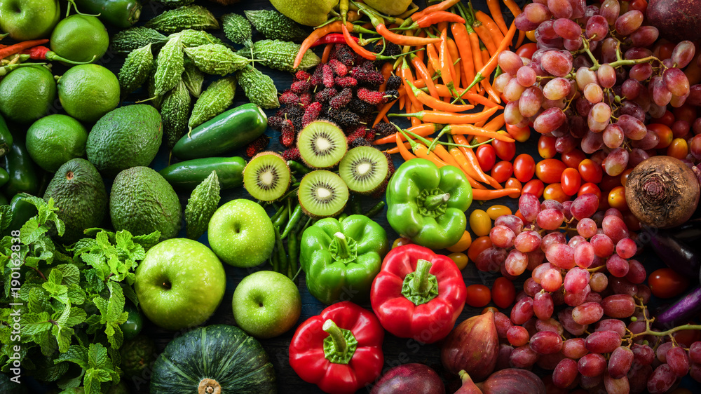 Naklejka Tropical fresh fruits and vegetables organic for healthy lifestyle, Arrangement different vegetables organic for eating healthy and dieting