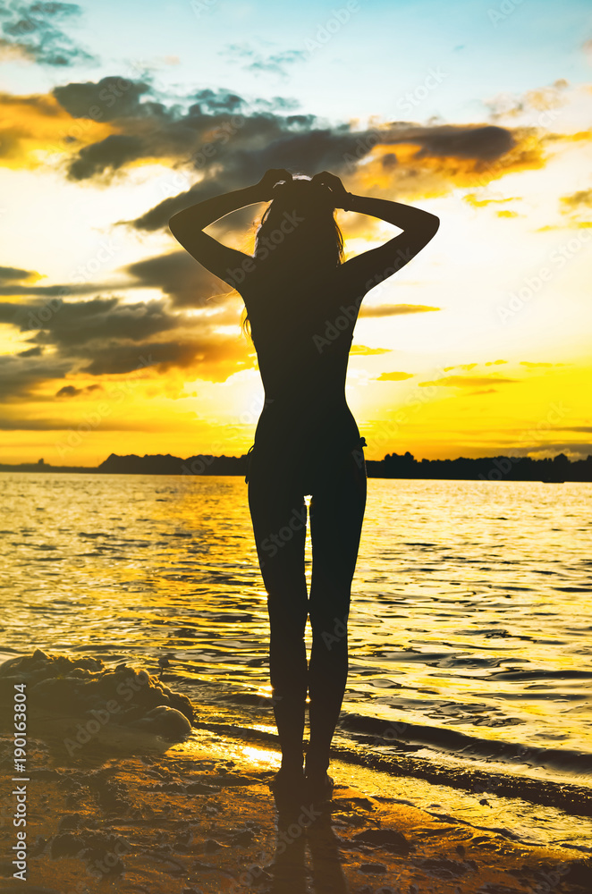 Silhouette of the young woman with long hairs on the beach during golden sunset. Natural darkness and colors. Vertical photo