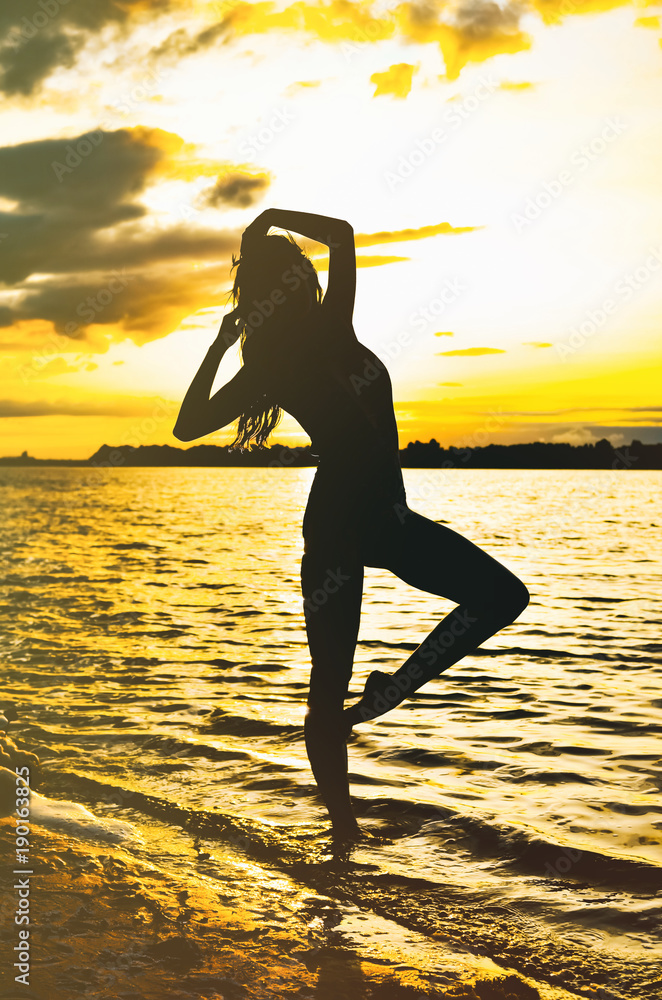 Silhouette of the young woman with long hairs on the beach during golden sunset. Natural darkness and colors. Vertical photo