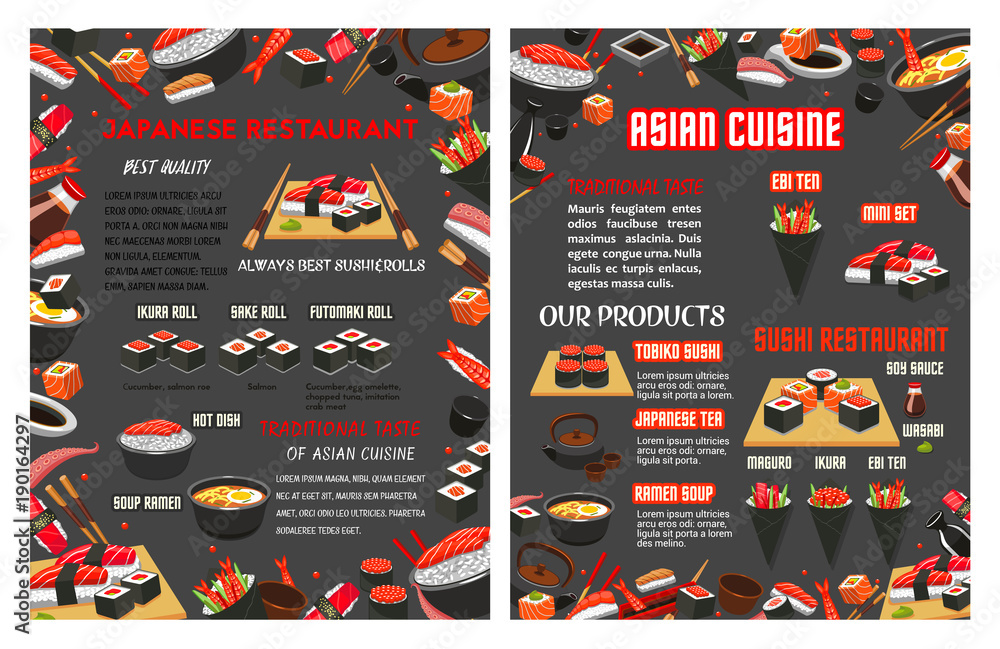 Vector menu for Japanese sushi food bar restaurant