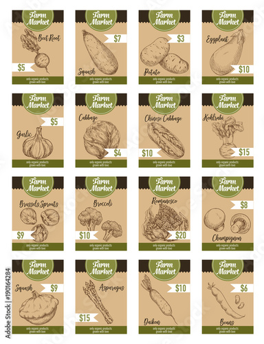 Vector sketch price cards farm organic vegetables