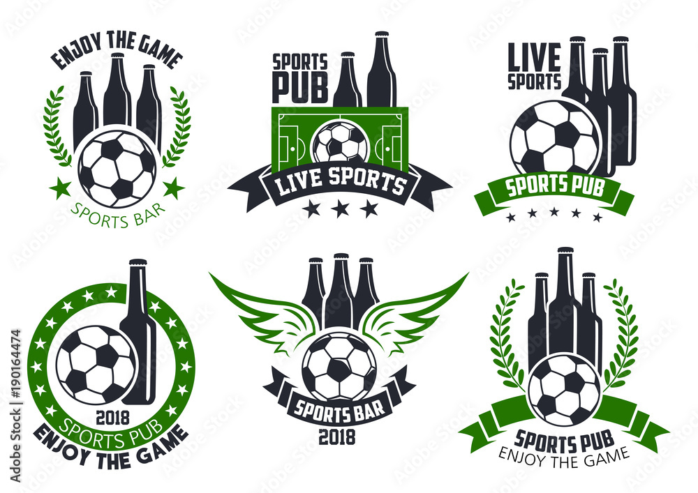 Fototapeta premium Soccer bar or football beer pub vector ball icons
