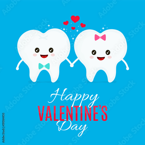 Two loving teeth. Vector flat cartoon 