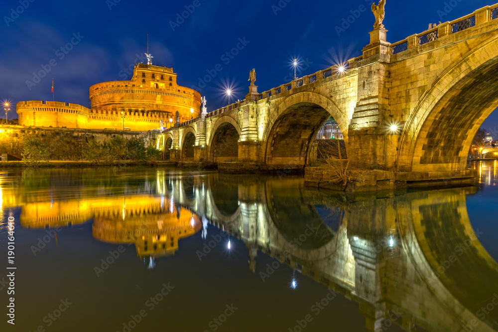 Castel Sant'angelo and bridge at sunset, Rome, Italy.