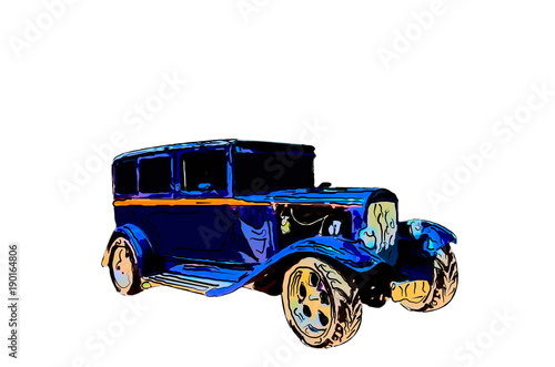 Vászonkép Cartoon illustration of a funny, color blue, yellow, red car on a white backgrou