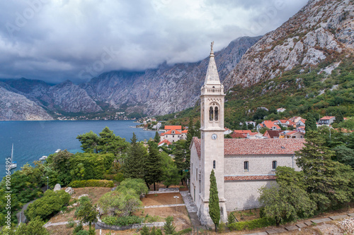 Aerial view of the village of Dobrota and St.Eustace's Church. Montenegro.