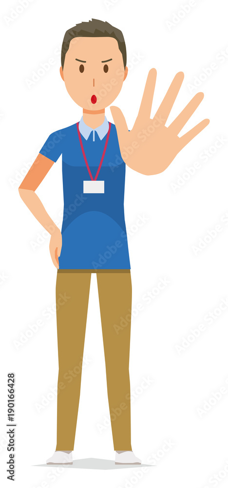 A male staff wearing name plate is stop gesture