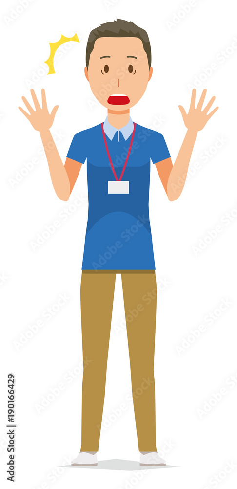 A male staff wearing a nameplate is surprised A male staff wearing a nameplate is surprised