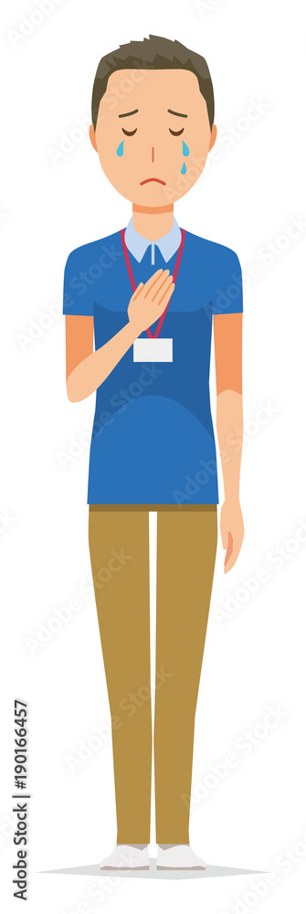 A male staff wearing a nameplate is crying A male staff wearing a nameplate is crying