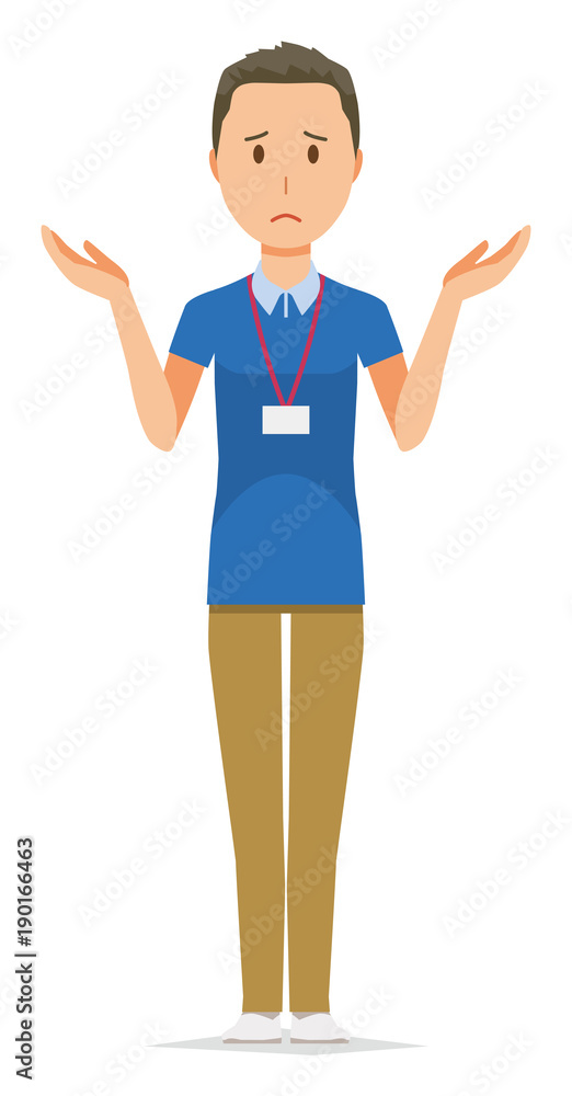 A male staff wearing a nameplate is shrugging his shoulders A male staff wearing a nameplate is shrugging his shoulders