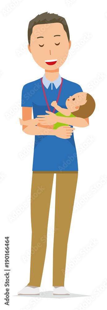 A male staff wearing nameplate is hugging a baby