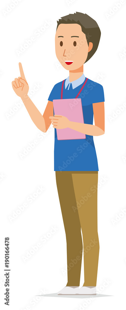 A male staff wearing nameplate points with a file A male staff wearing nameplate points with a file
