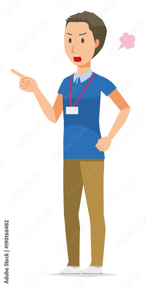 A male staff wearing a nameplate is angrily pointing to a finger A male staff wearing a nameplate is angrily pointing to a finger