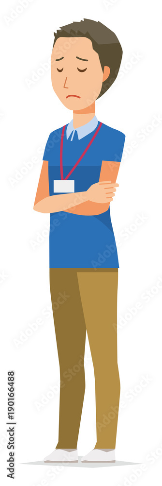 A male staff wearing nameplate is depressed A male staff wearing nameplate is depressed