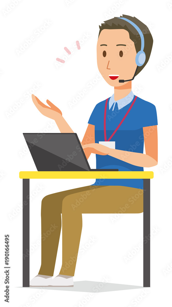 A male staff wearing nameplate is talking on income A male staff wearing nameplate is talking on income
