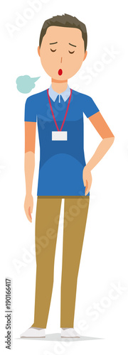 A male staff wearing a nameplate is sighing