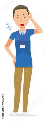 A male staff wearing nameplate is tired