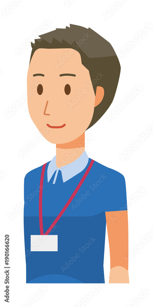 A male staff wearing nameplate is standing obliquely - upper body A male staff wearing nameplate is standing obliquely - upper body