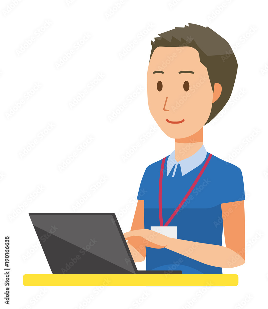 A male staff wearing nameplate is operating a laptop computer - upper body A male staff wearing nameplate is operating a laptop computer - upper body