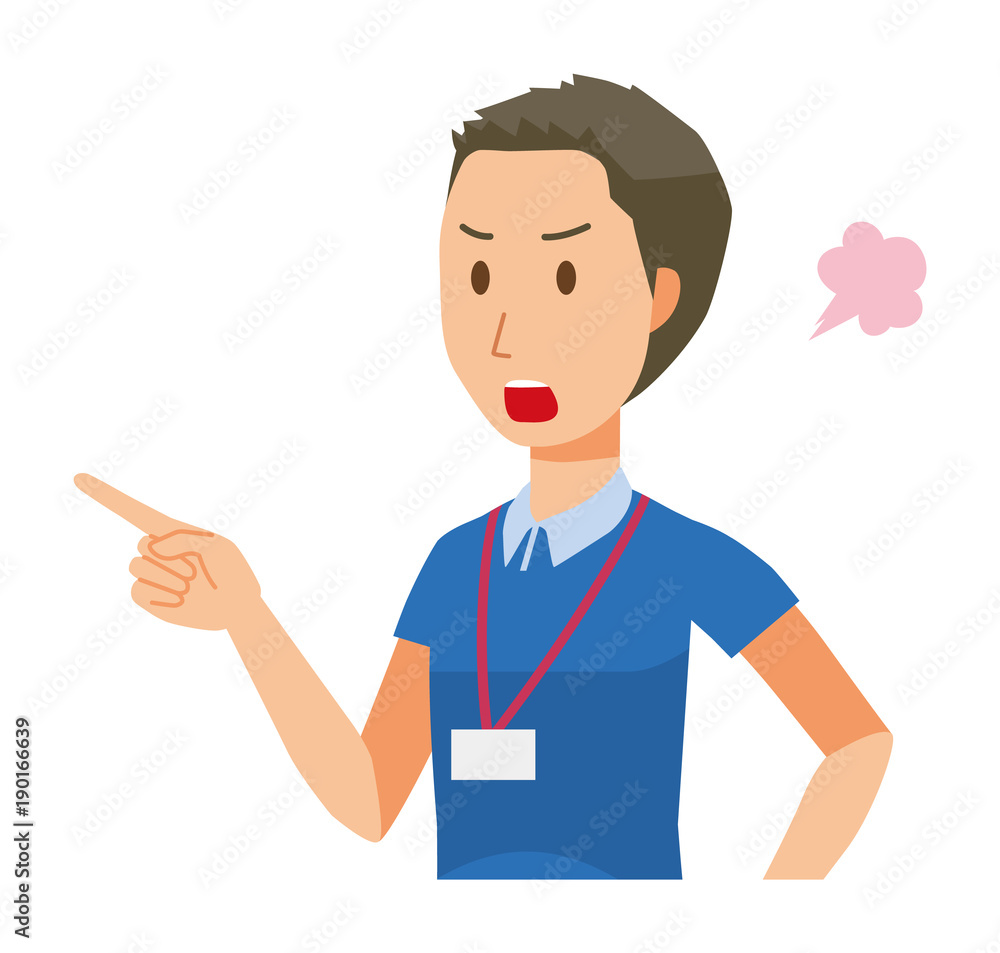A male staff wearing a nameplate is angrily pointing to a finger - upper body A male staff wearing a nameplate is angrily pointing to a finger - upper body