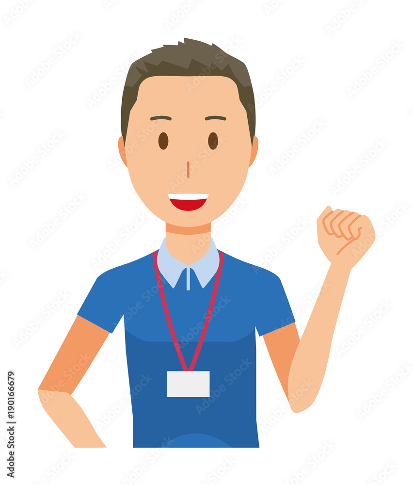 A male staff wearing nameplate raised one fist - upper body A male staff wearing nameplate raised one fist - upper body