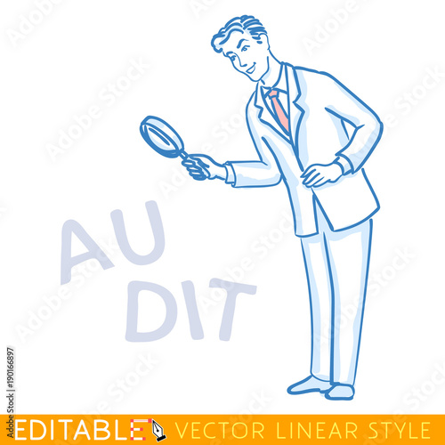 Auditor looks through magnifying glass. Editable line caricature. Stock vector illustration.