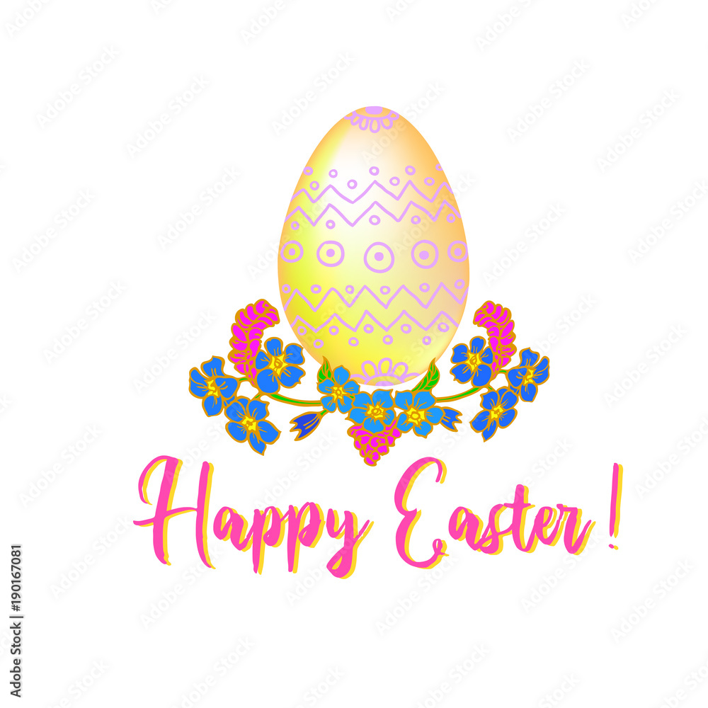 Traditional Easter Egg Isolated on White Background with Forget-me-not Flowers and Happy Easter Text for Decoration, Invitation and Greeting Card or Web Traditional Easter Egg Isolated on White Background with Forget-me-not Flowers and Happy Easter Text for Decoration, Invitation and Greeting Card or Web