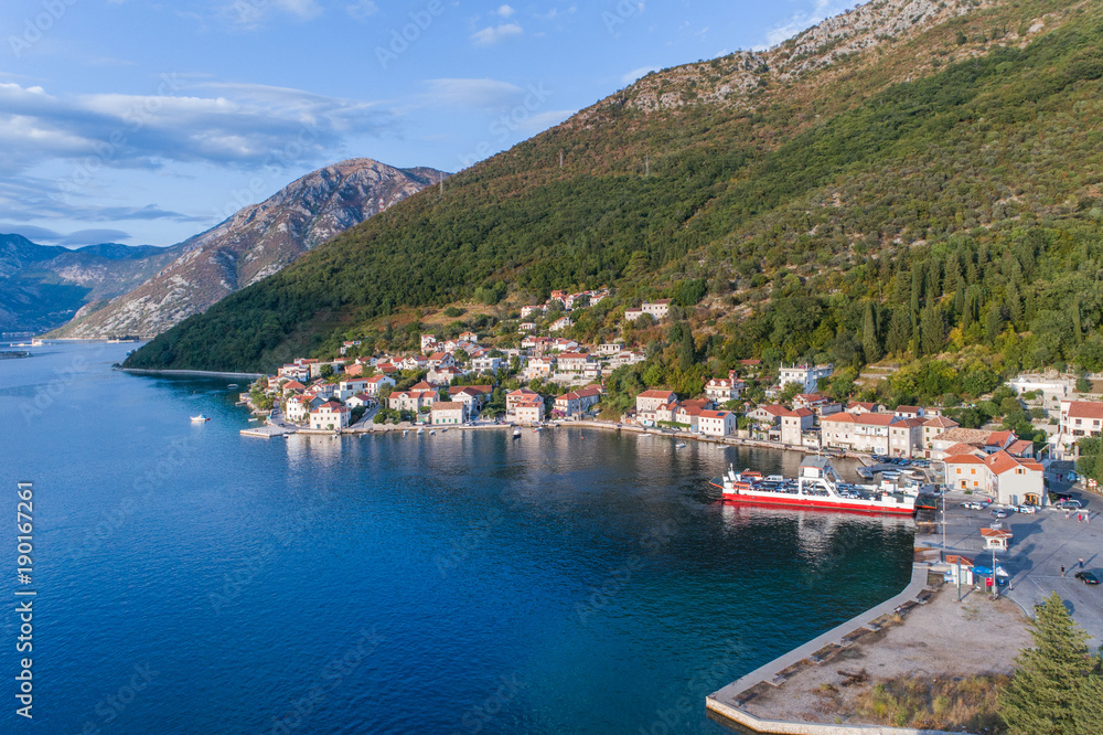 Aerial view on Lepetane Ferry. Montenegro. 