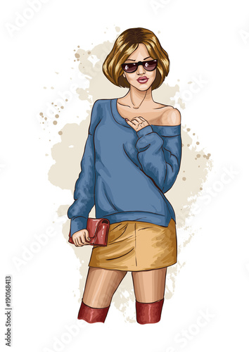 Fashion look. Beautiful young woman with a bag and sunglasses. Fashion girl in stylish clothes. Urban casual style. Hand drawn sketch. Vector illustration of fashion.