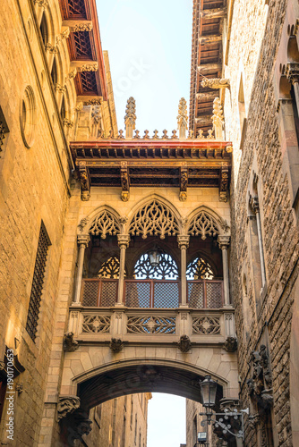 neogothic bridge at Carrer del ,Bisbe Bishop, Street in Catalonia, Spain photo