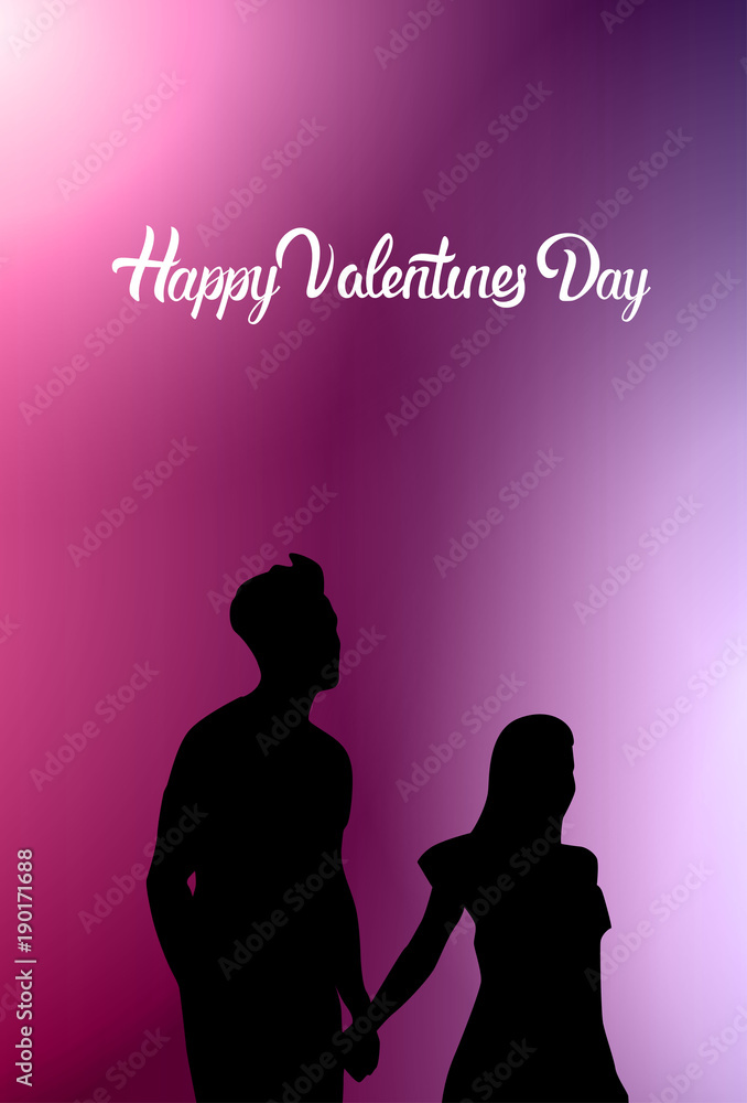 Happy Valentine Day Greeting Card With Black Couple Silhouette Holding Hands On Pink Background Vector Illustration