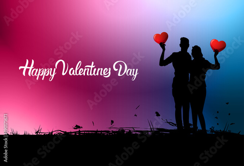 Happy Valentines Day Lettering On Colorful Background With Silhouette Couple Holding Heart Vector Illustration