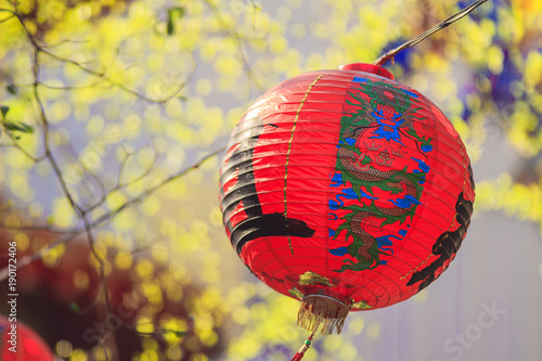 Red paper Chinese lantern with dragn background photo