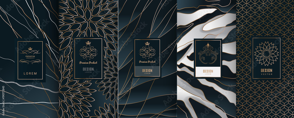 Collection of design elements,labels,icon,frames, for packaging,design of luxury products.Made with golden foil.Isolated on black and marble background. vector illustration - obrazy, fototapety, plakaty 