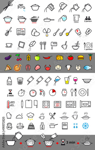 Cooking and preparation instructions. Set of sign for detailed guideline. Vector elements on a white background. Ready for your design.