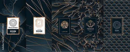 Collection of design elements,labels,icon,frames, for packaging,design of luxury products.Made with golden foil.Isolated on black and marble background. vector illustration