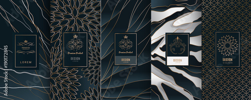 Collection of design elements,labels,icon,frames, for packaging,design of luxury products.Made with golden foil.Isolated on black and marble background. vector illustration