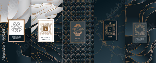 Collection of design elements,labels,icon,frames, for packaging,design of luxury products.Made with golden foil.Isolated on black and marble background. vector illustration