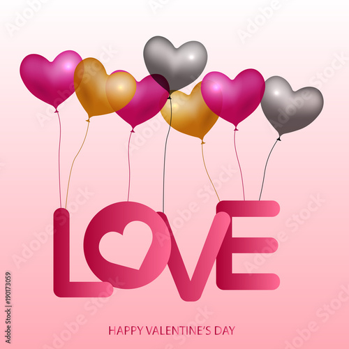 Valentine's day greeting card with text Love and flying air balloons. Vector