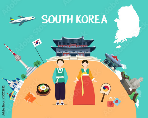 Traveling to South Korea with landmarks and map