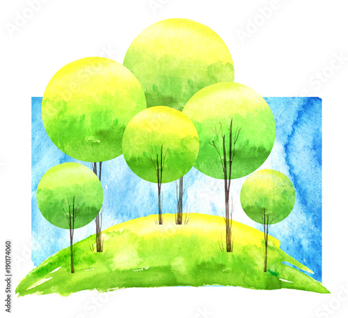 Watercolor background. Blossoming meadow  field  countryside landscape. Green Tree. Summer  Spring landscape. Silhouettes of forest  trees  wild grass  flower  plant  blue sky.  