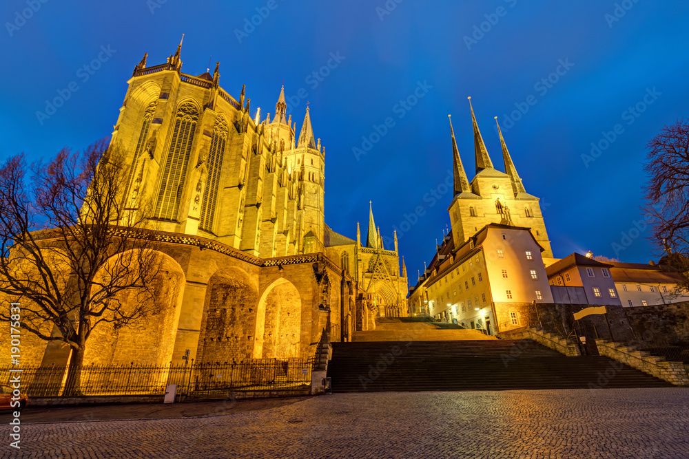 Cathedral and Severi church in Erfurt at dusk