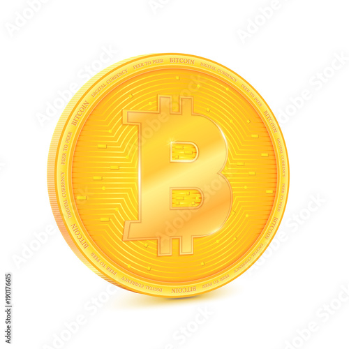 Coin of virtual currency Bitcoin. The coin is turned sideways, symbol of technology money. Digital currency, cryptocurrency. Icon, golden symbol of bitcoin isolated on white background