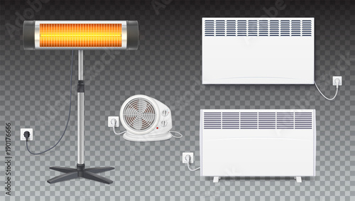 Set icons of heaters, household appliances on transparent background. Realistic convector, fan heater, UFO quartz heater with power cord and socket, isolated 3D illustration with shadows.