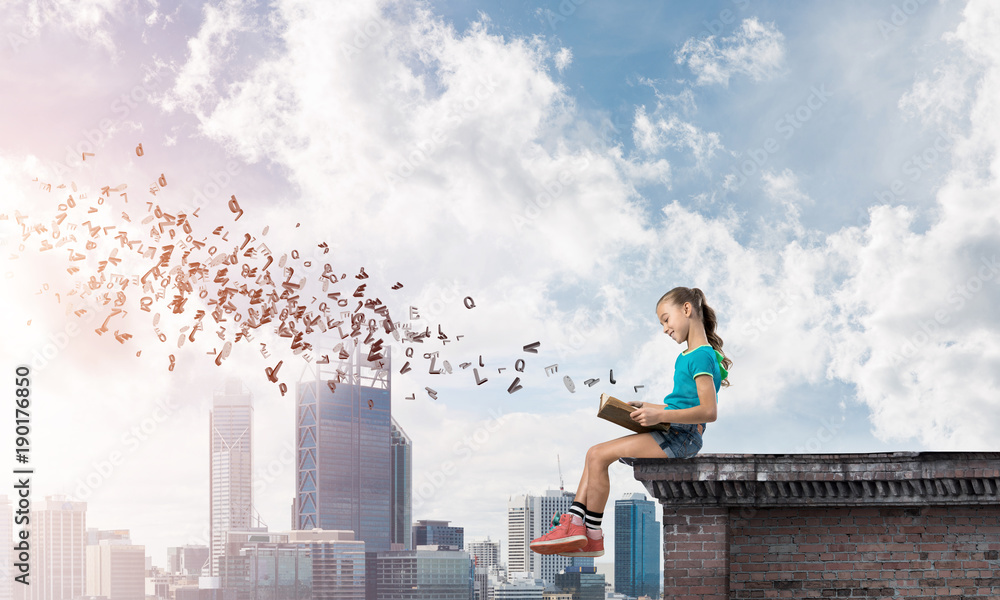 Concept of careless happy childhood with girl exploring this world Concept of careless happy childhood with girl exploring this world