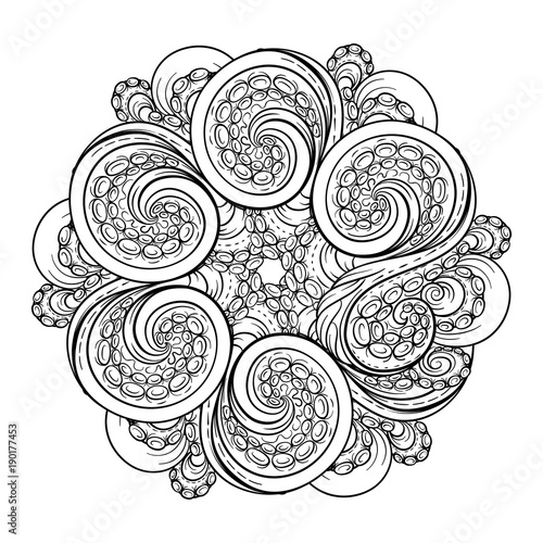 Vector black and white round octopus tentacles pattern