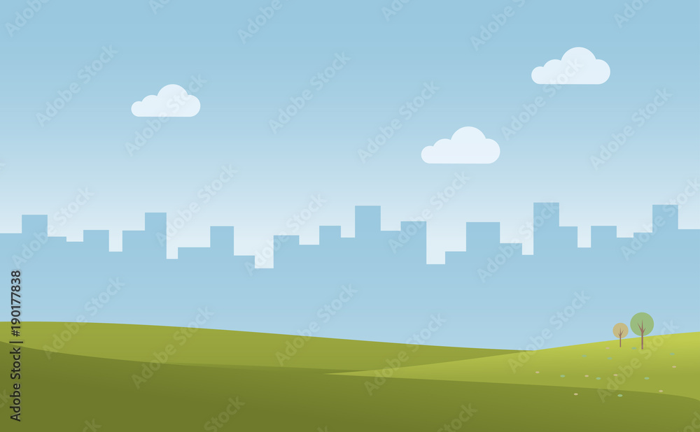 Green landscape blue sky with city, vector