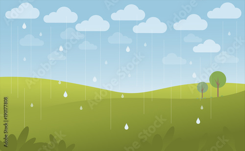 Green landscape and blue sky in the rain, vector